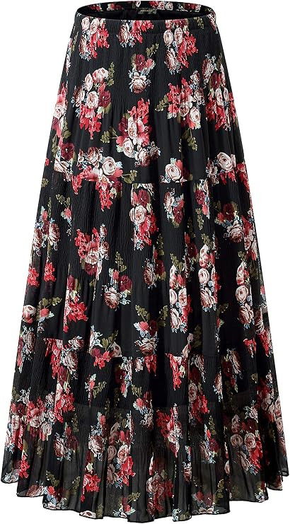NASHALYLY Women's Chiffon Elastic High Waist Pleated A-Line Flared Maxi Skirts | Amazon (US)