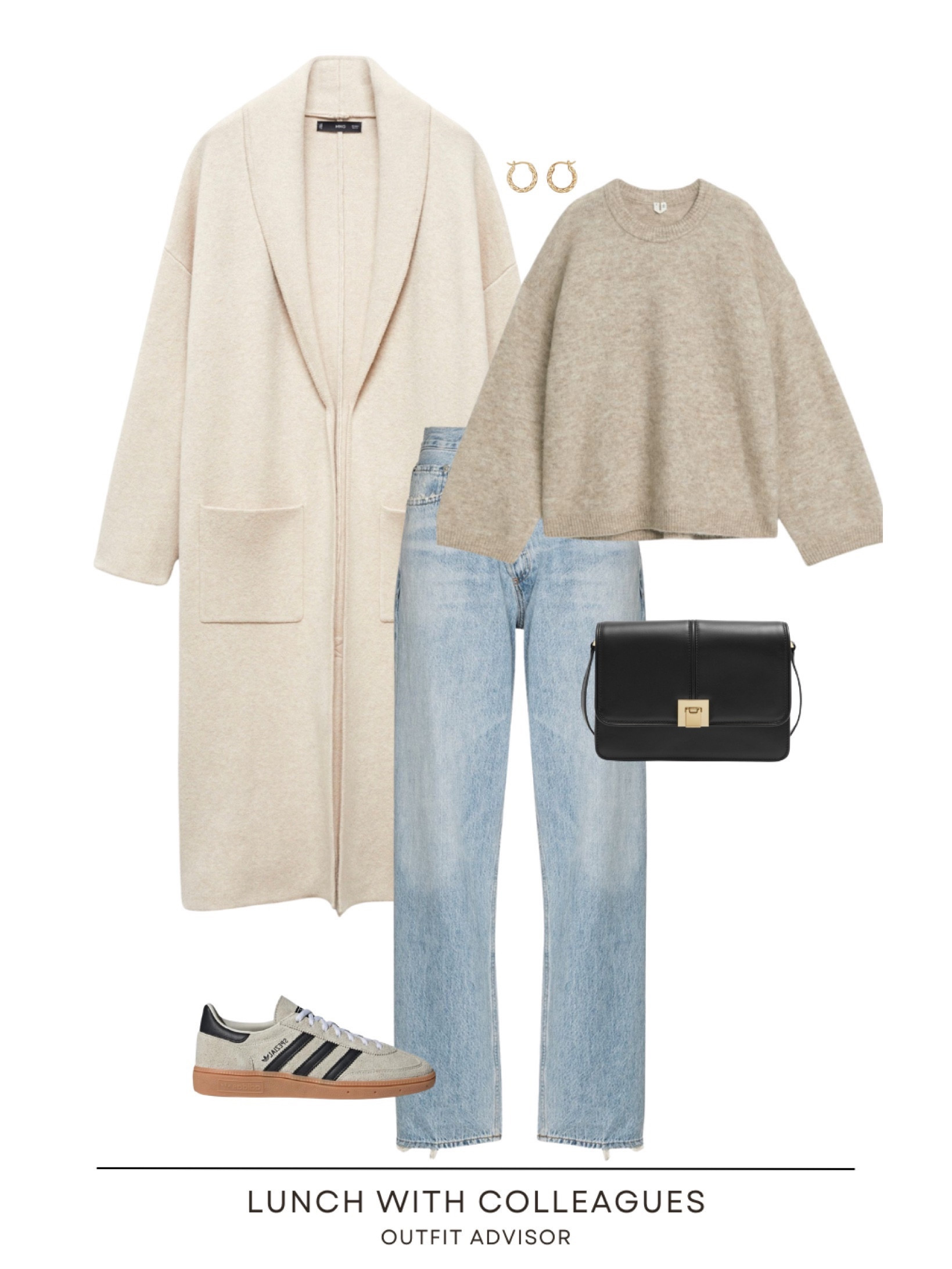 Cute beige outfit inspo:  a light beige Mango coat (the link is correct, not sure why it looks darker in the picture), arket knit jumper, agolde criss cross jeans, adidas spezial sneakers, gold earrings and gold earrings 

#LTKworkwear #LTKstyletip #LTKitbag