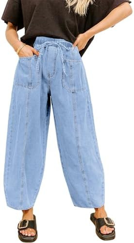 Sidefeel Womens Barrel Jeans Drawstring Baggy Denim Pants | Amazon (US)