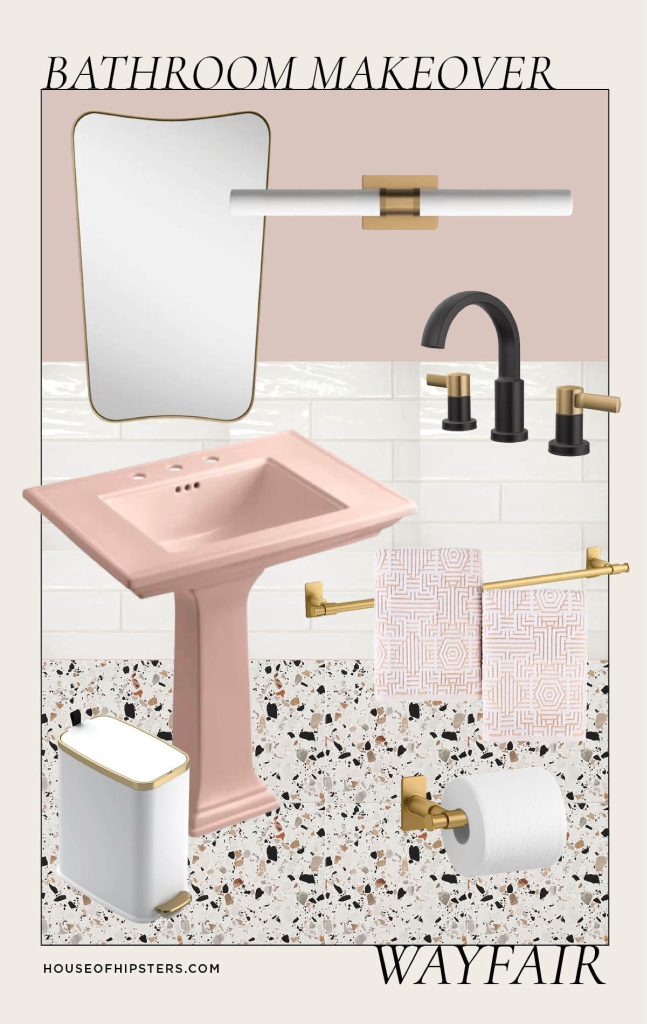 I’m buying my childhood home and working on mood board designs for a  bathroom renovation. This powder room design leans into the Mid-Century Modern look and feel of the home. Pink bathrooms were all the rage with MCM bathroom decor and this pink pedestal sink paired with the terrazzo tile floor and  vintage inspired bathroom mirror. 

@wayfair #wayfair #wayfairpartner

Pink bathroom, MCM bathroom, mid century modern, vintage, vintage style, vintage decor, pink and black, black faucet, pink sink, pink vanity, pink pedestal sink, terrazzo tile, terrazzo floor, brass towel bar, brass toilet paper holder, bathroom sconce, bathroom lighting, subway tile, white tile, white subway tile, wall mirror, brass wall mirror, gold wall mirror, powder room renovation, bathroom remodel, interior design, bathroom decor 

#LTKStyleTip #LTKHome