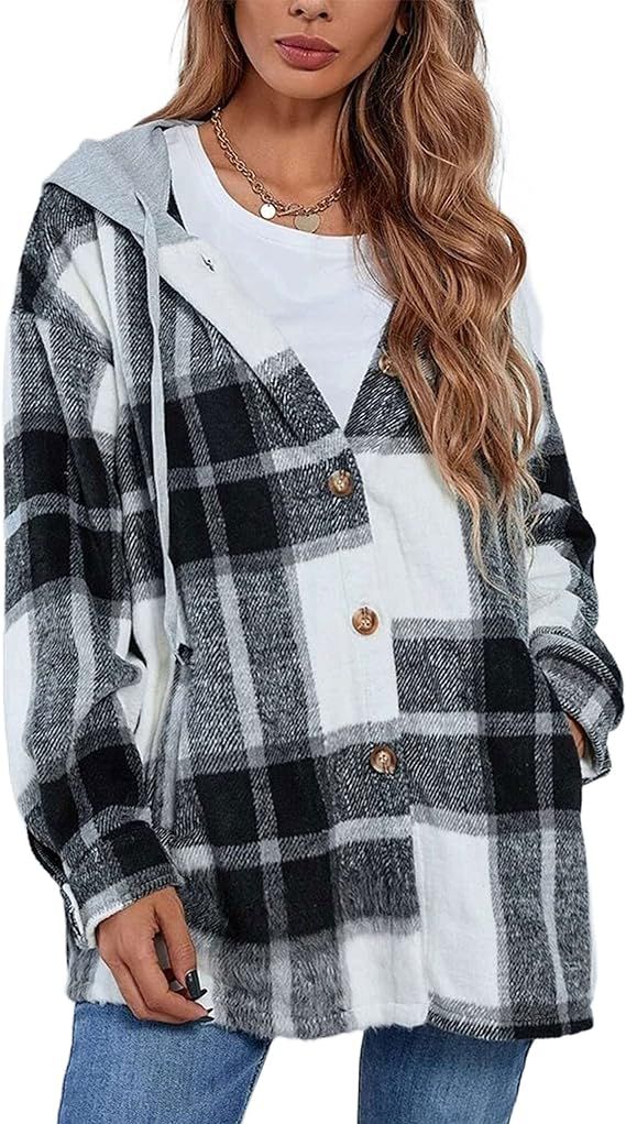 Zontroldy Womens Hooded Shacket Jacket Oversized Casual Flannel Plaid Wool Blend Button Down Shir... | Amazon (US)