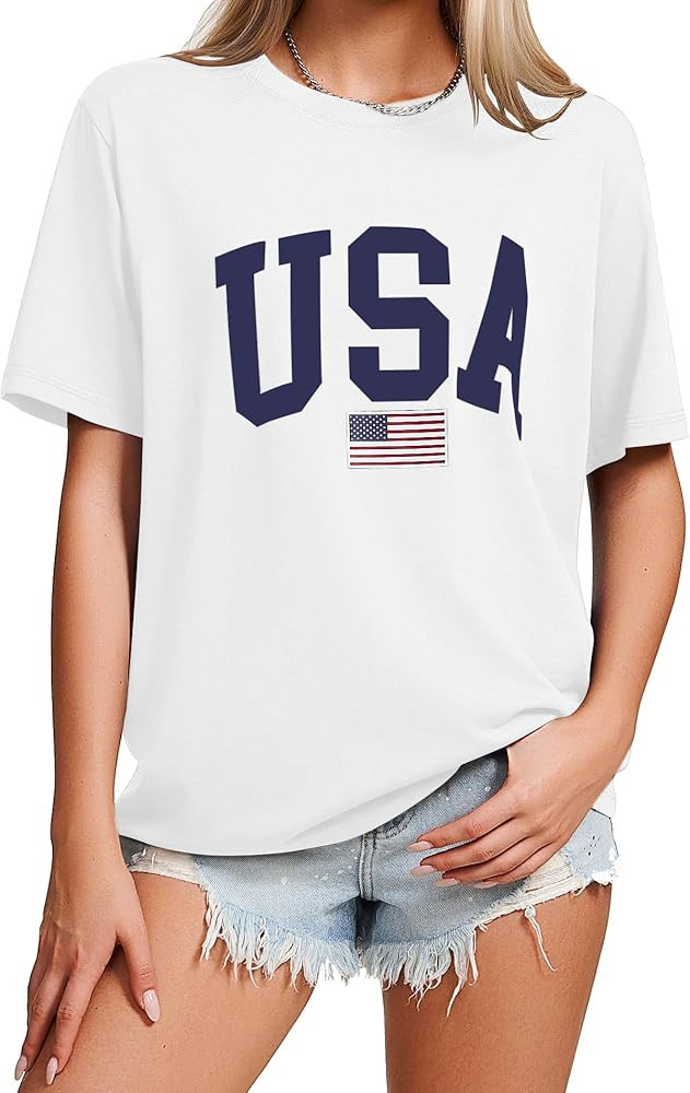 KESIHAN Womens USA T Shirt American Flag Patriotic Shirts Womens Graphic T Shirts Round Neck Shor... | Amazon (US)
