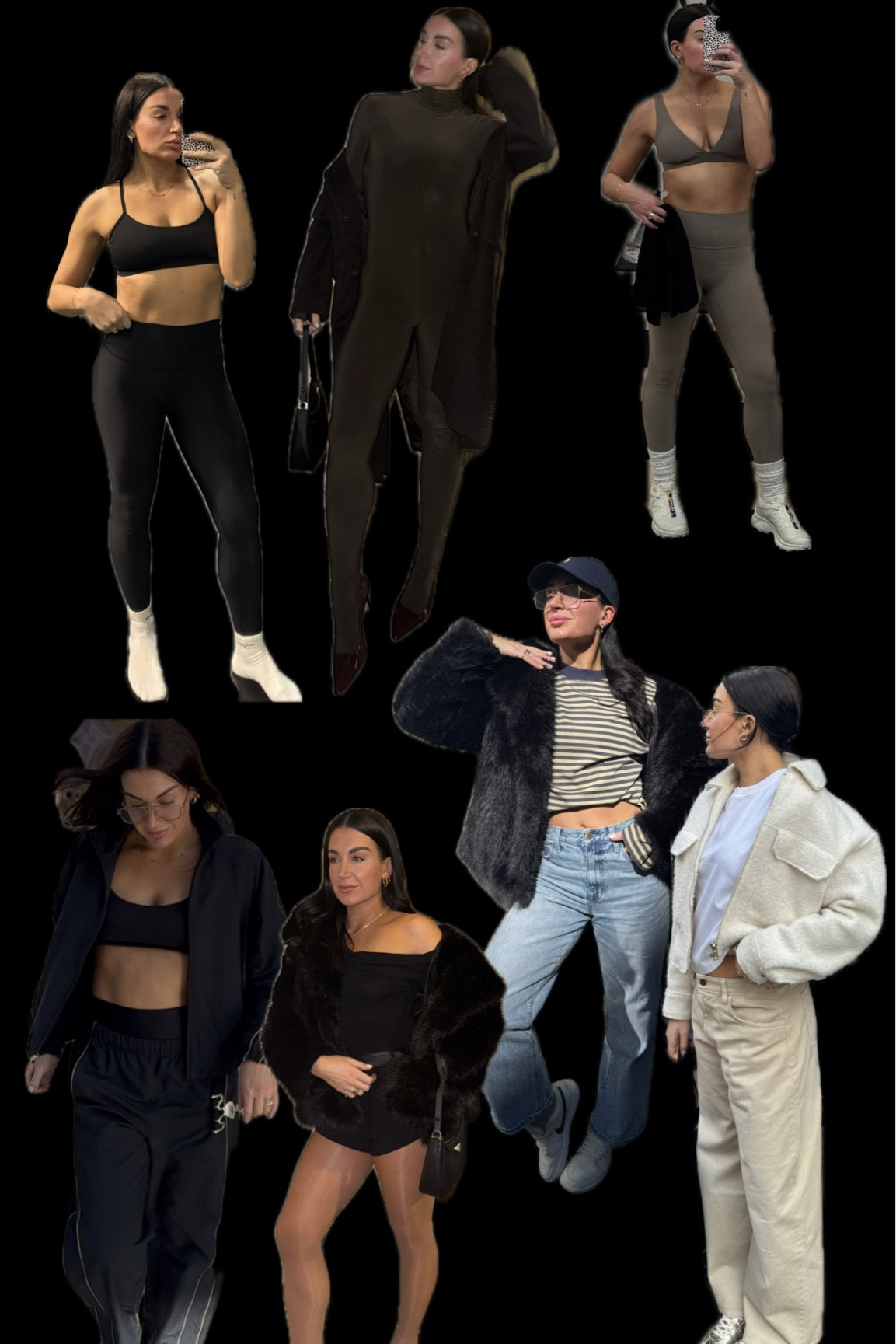 New York outfits! 

Sized up in Aritzia track suit 
Sized down for catsuit 
All jeans/pants 26 or size 6 
Size 6 and small in butter collection 