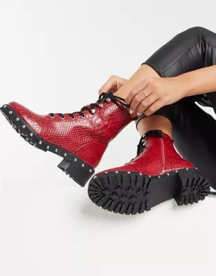 ASOS DESIGN Abigail lace up studded boots in red croc | ASOS (Global)