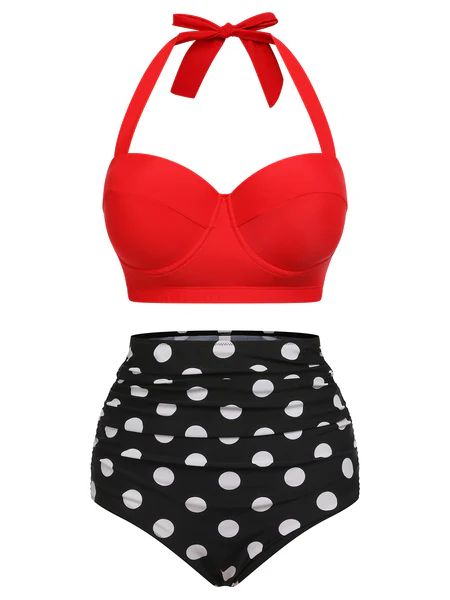 2PCS Red 1940s Dots Halter Swimsuit | Retro Stage