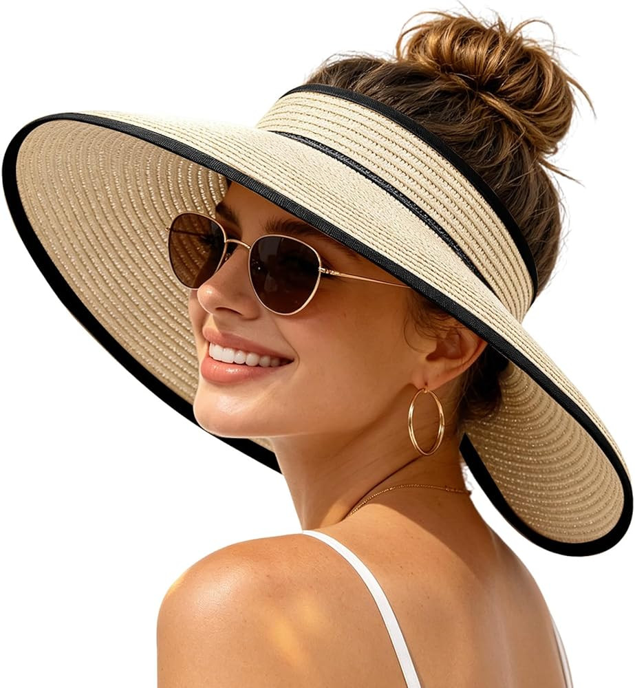 Sun Hats Visor for Women, UV UPF Straw Beach Hat Foldable Wide Brim Ponytail Summer Hats Packable... | Amazon (US)