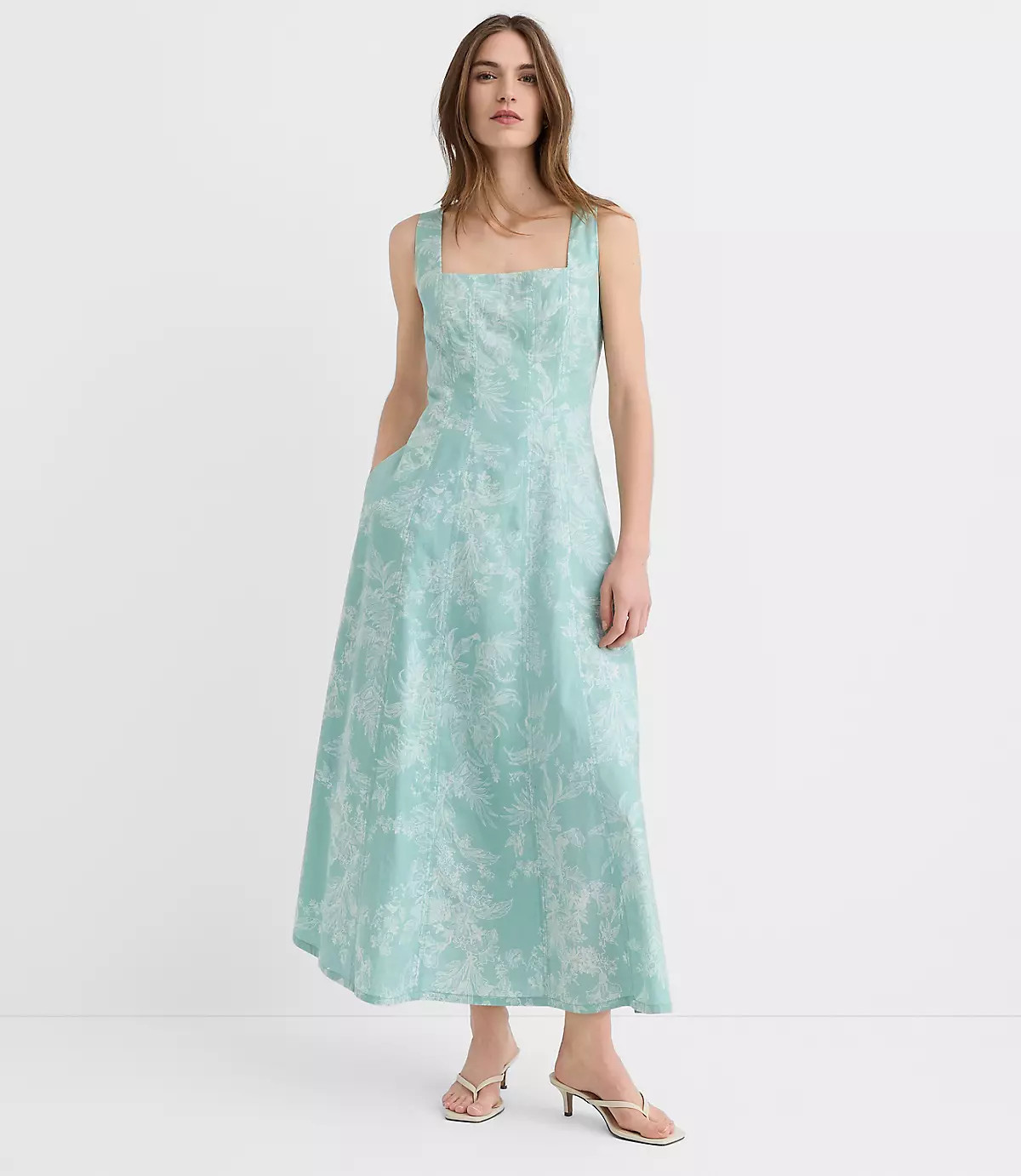 Floral Toile Linen Cotton Seamed Midi Pocket Dress | LOFT