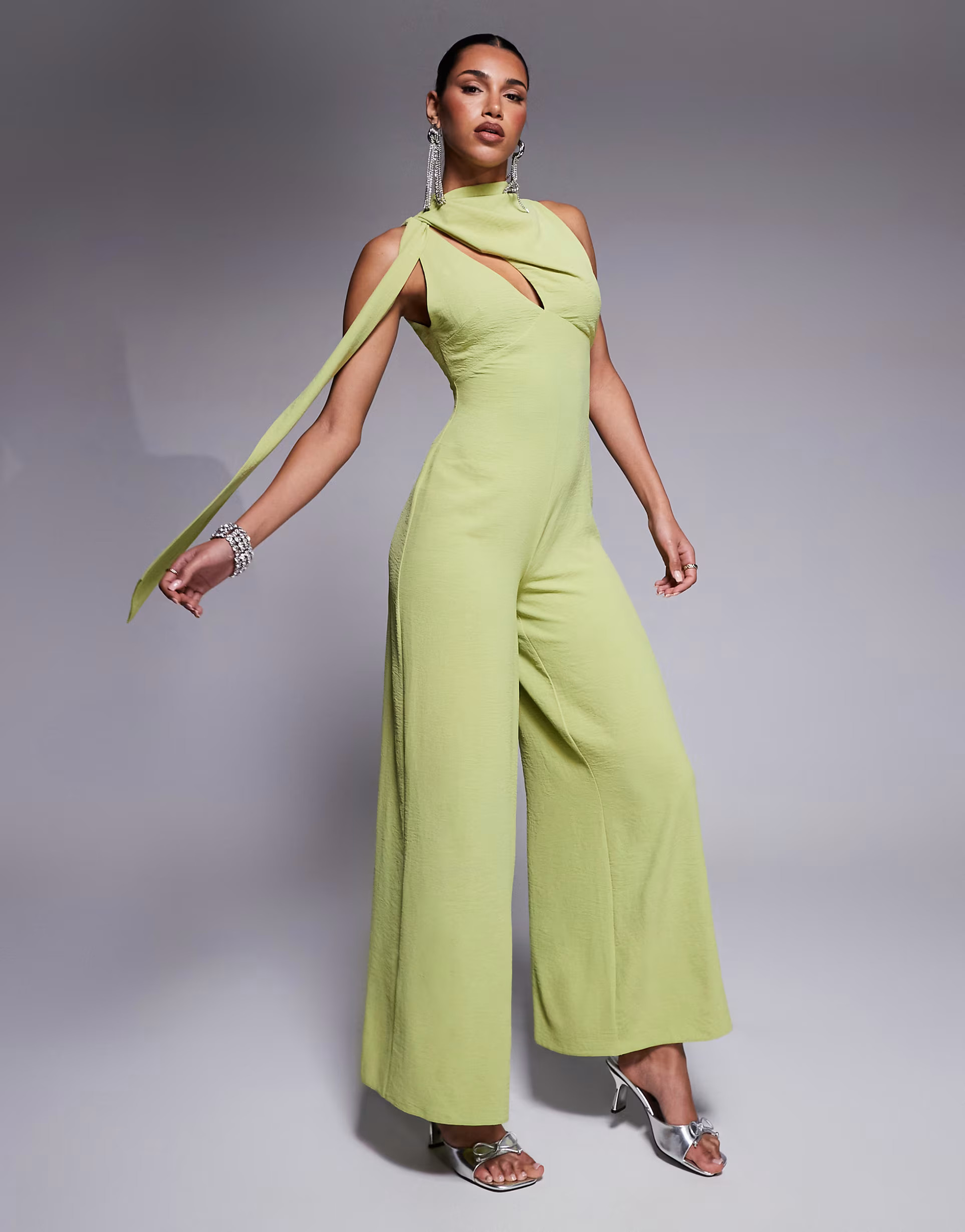 ASOS DESIGN cowl draped neck wide leg jumpsuit with tie detail in green | ASOS (Global)