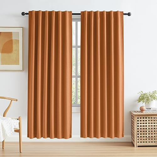 Back Tab Blackout Linen Curtains for Girls Bedroom,Textured Doorway Curtains Hook Belt Pinch Pleated Look Curtain Drapes for Living Room/French Door W50 x L80 Inch 2 PCs Pumpkin Bright Orange | Amazon (US)