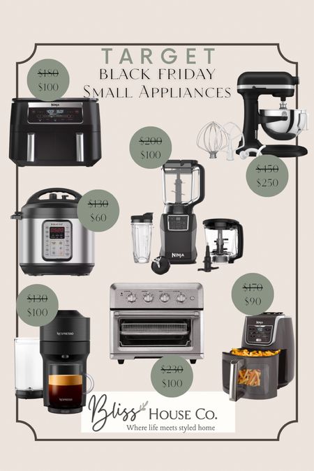 Small kitchen appliances on sale for Black Friday at Target

Coffeemaker, Nespresso, air fryer, mixer, instant pot, kitchen aid, mixer, ninja 

#LTKGiftGuide #LTKsalealert #LTKCyberWeek