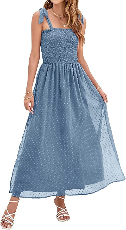 ZESICA Women's Summer Bohemian Spaghetti Strap Swiss Dot Sleeveless Smocked A Line Flowy Maxi Dre... | Amazon (US)