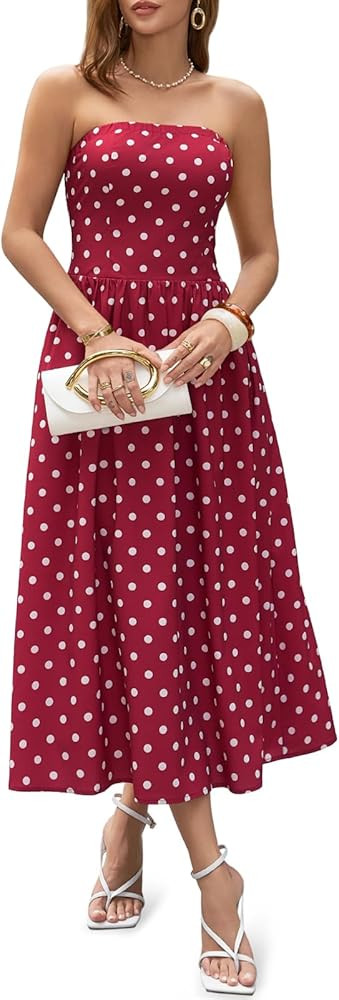 Wenrine Womens Polka Dot Strapless Dress Summer Smocked Tube Top Casual Sleeveless Swing Flowy Ma... | Amazon (US)