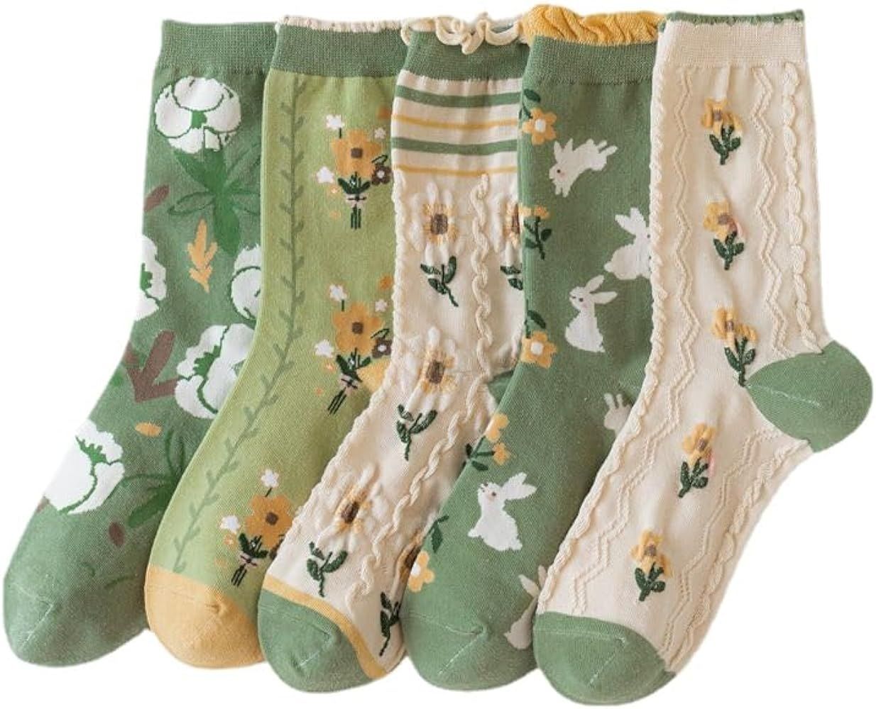 Women's Cottagecore Flower Socks 5Pairs Kawaii Preppy Crew Socks Cute Lace Ankle Socking Coquette... | Amazon (US)