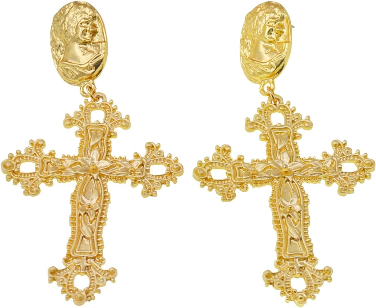 FOESSD Big Gold Cross Dangle Earrings Baroque Vintage Oversized Statement Earring Valentine Gifts... | Amazon (US)