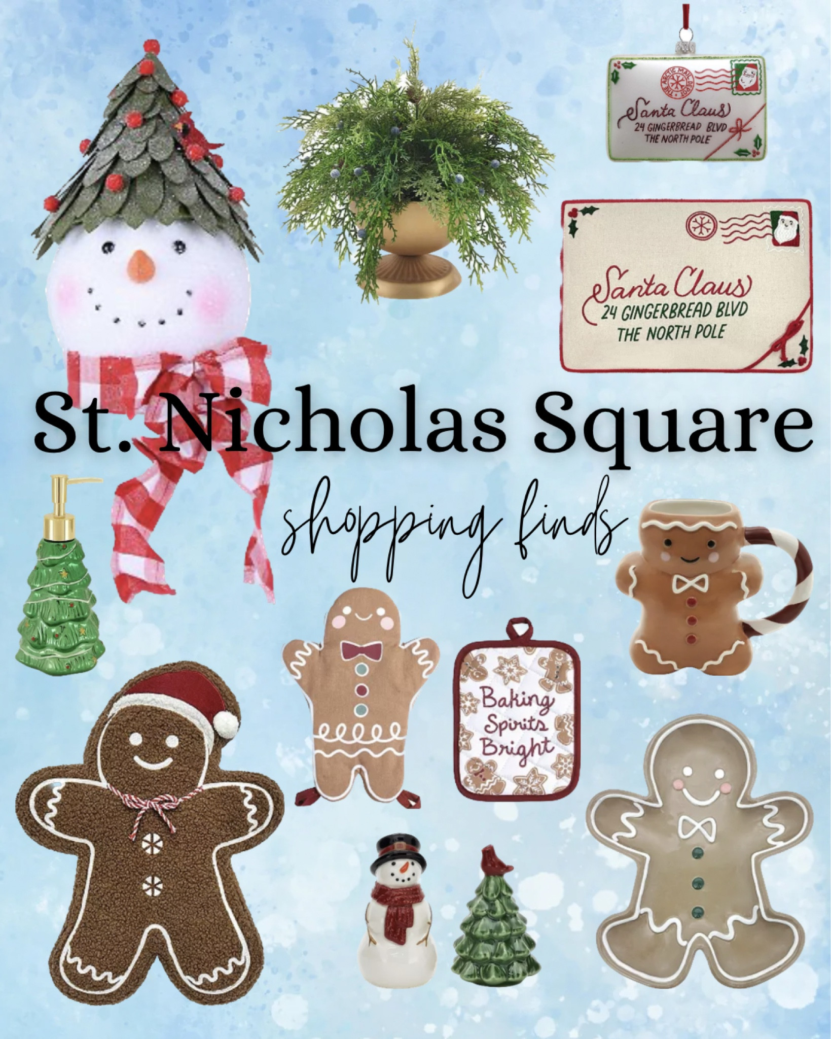 Gingerbread mug. Gingerbread coffee mug. Holiday greenery. Snowman Christmas tree topper. Christmas tree soap dispenser. Gingerbread baking mit. Gingerbread tray. Christmas salt and pepper shakers. Santa letter pillow  

#LTKhome #LTKSeasonal #LTKHoliday