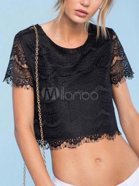 Lace Crop Top Black Cut Out Semi Sheer Women's Casual Top | Milanoo
