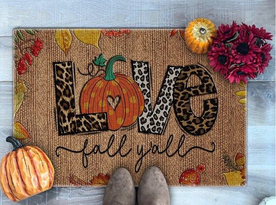 Love Fall Y'All Doormat, Leopard Print Pumpkin Doormat, Fall Vibes, Fall Welcome Mat, Fall Doorma... | Etsy (US)
