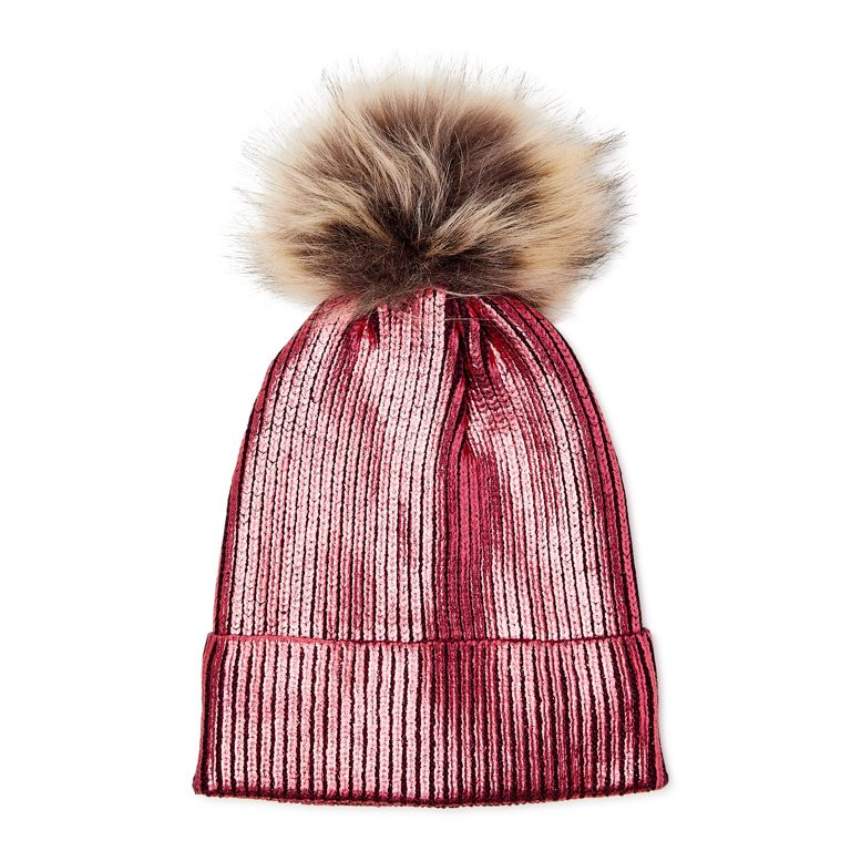 Scoop Women's Metallic Beanie Hat with Faux Fur Pom | Walmart (US)