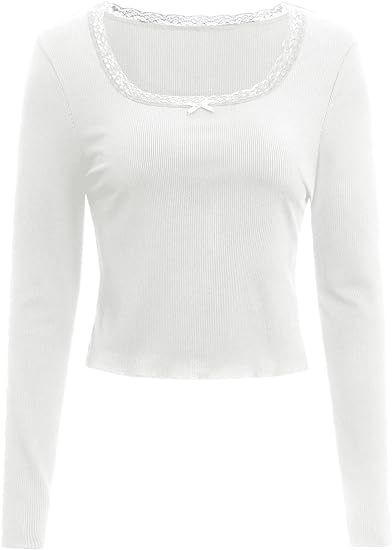 SOLY HUX Women's Y2K Long Sleeve Tops Scoop Neck Ribbed Knit Lace Trim T Shirts Slim Fitted Tees | Amazon (US)