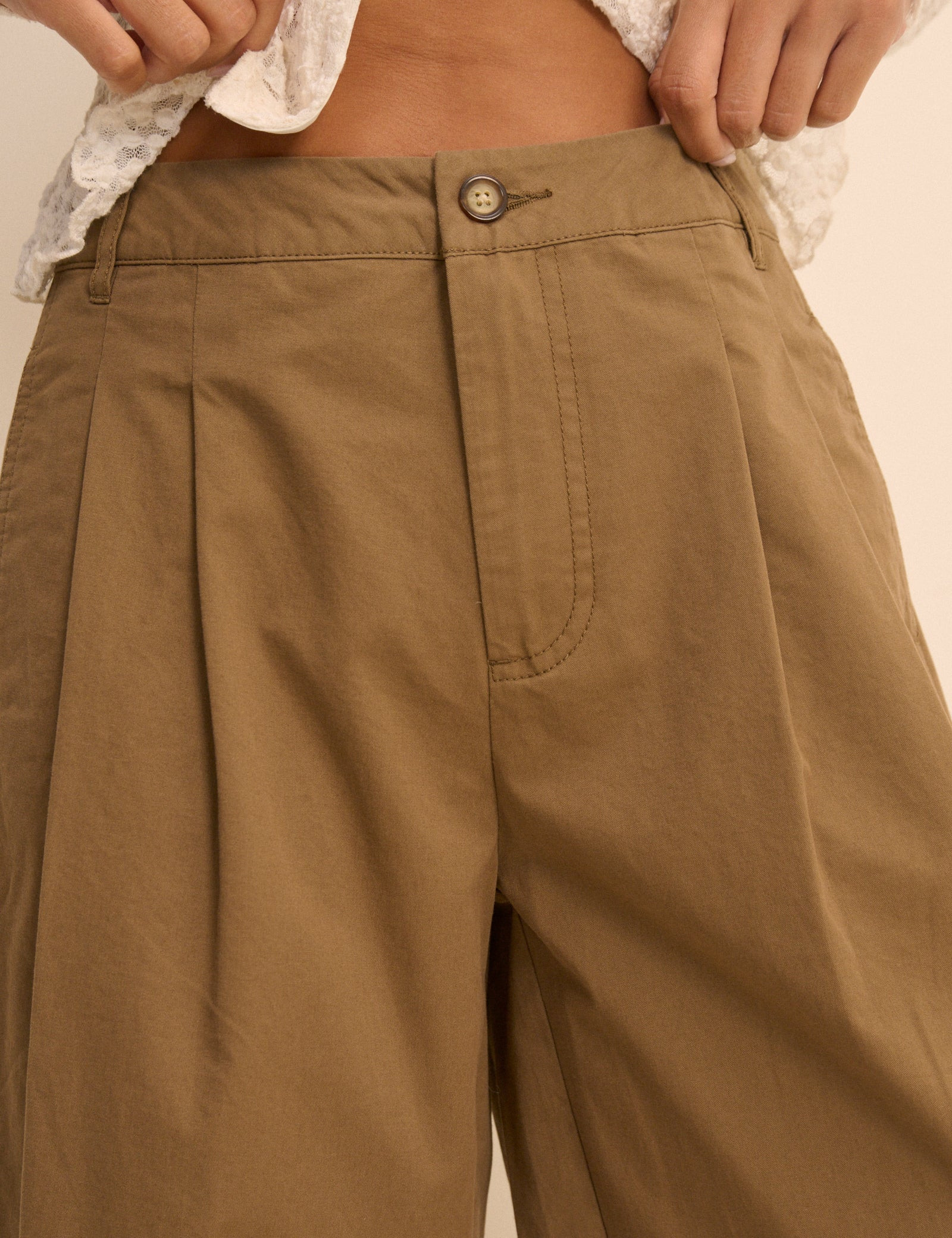 Camel Pleated Subtle Barrel Trousers | Nobody's Child