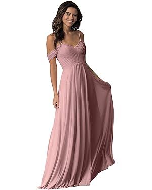 Women's Off The Shoulder Bridesmaid Dresses Long with Pockets A Line Pleated Chiffon Formal Eveni... | Amazon (US)
