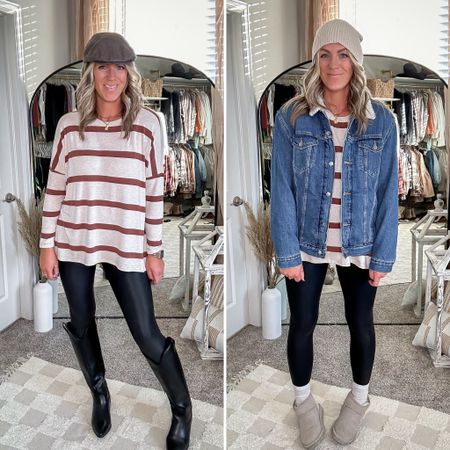 Striped top - large, also comes in solids
Leggings - runs small, sized up (xl) available in lengths but are long 
Tall cowgirl boots - 11, also come in wide
Denim Sherpa jacket - men’s, large, more colors
Booties - Ugg ultra mini look for less & on sale!  

#LTKmidsize #LTKsalealert #LTKstyletip