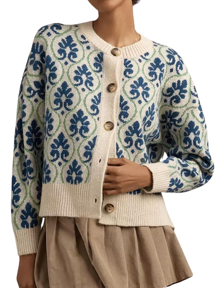 Women Floral Cardigan Sweater Open Front Long Sleeve Button Down Knit Sweater Vintage Outerwear | Amazon (US)