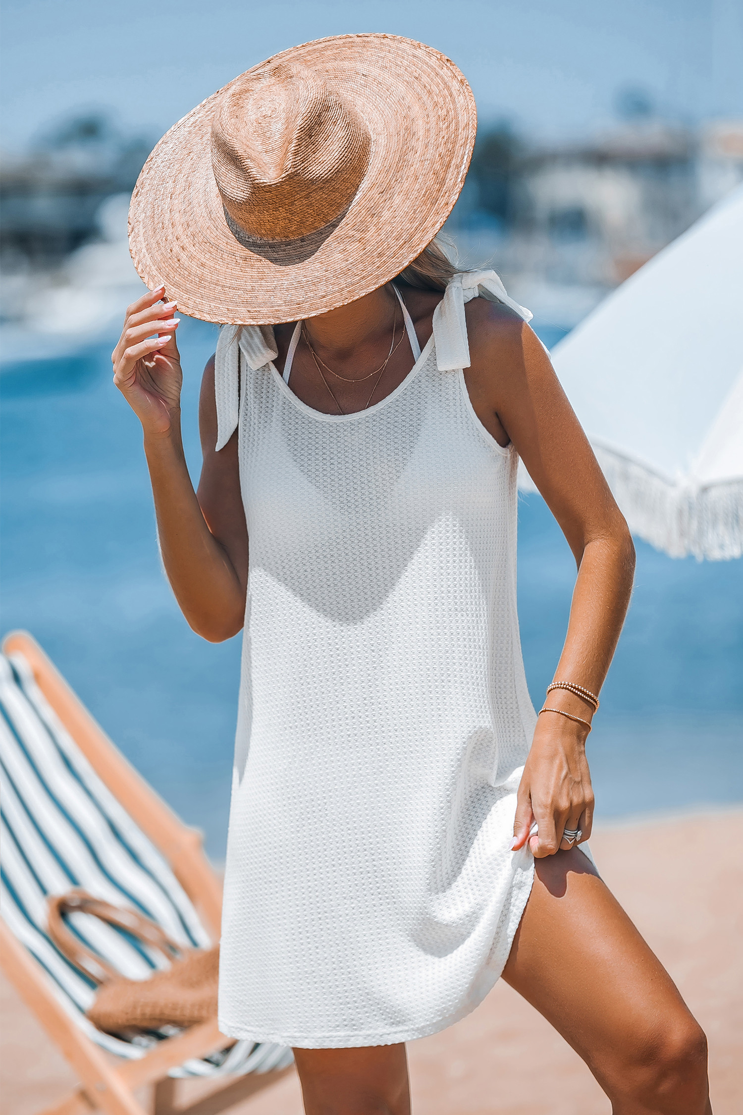 White Scoop Neck Tie Shoulder Mini Jersey Cover-Up | Cupshe US