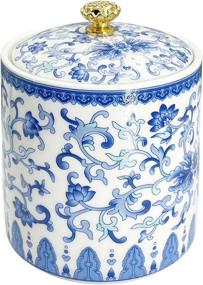 Vintage Blue and White Salt Cellar with Lid - Airtight Ceramic Spice Jar, Kitchen Countertop Stor... | Amazon (US)