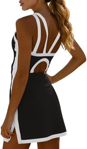Fisoew Womens Tennis Mini Dress with Built-in Shorts & Bra Open Back Sleeveless Golf Gym Workout ... | Amazon (US)