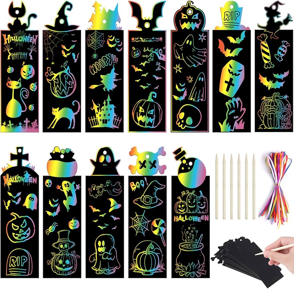 DIYASY Halloween Scratch Bookmarks for Kids, 48 Pcs DIY Pumpkin Magic Bookmark Craft Witch Bat Sc... | Amazon (US)