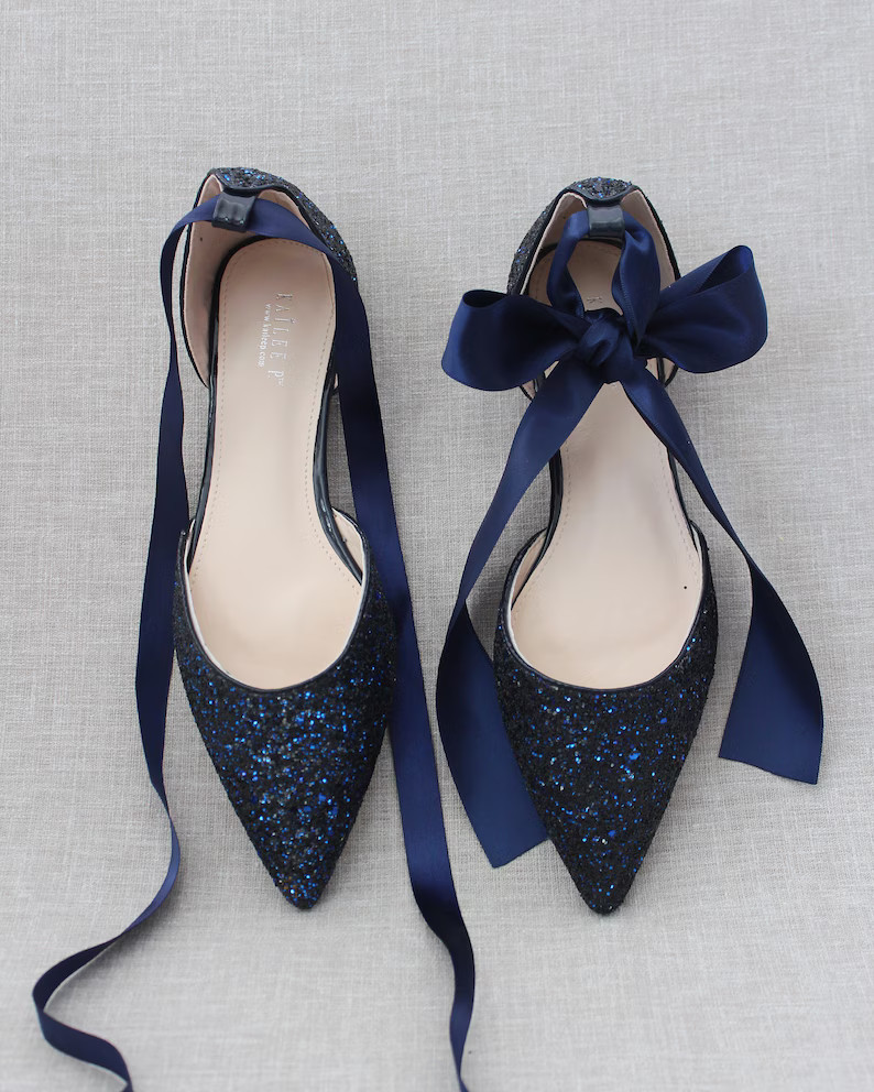 Navy Blue Rock Glitter Pointy Toe flats with Satin ANKLE TIE or BALLERINA Lace Up, Wedding Shoes,... | Etsy (US)
