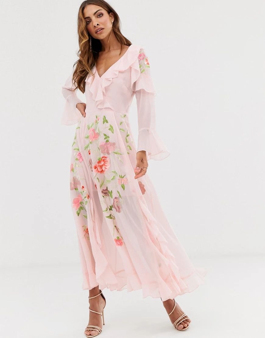 ASOS DESIGN embroidered wrap maxi dress with long sleeves-Pink | ASOS (Global)