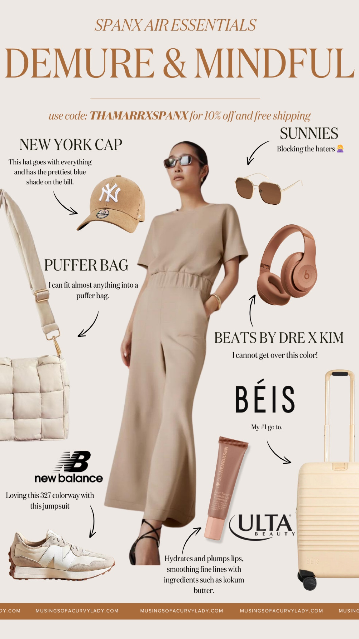 Demure & Mindful✨
See how this outfit is just one piece? Very demure, very easy to put on. I styled Spanx’s Air Essentials jumpsuit with neutral accessories for a monochrome look. The jumpsuit is also available in black!

#LTKTravel #LTKStyleTip #LTKPlusSize