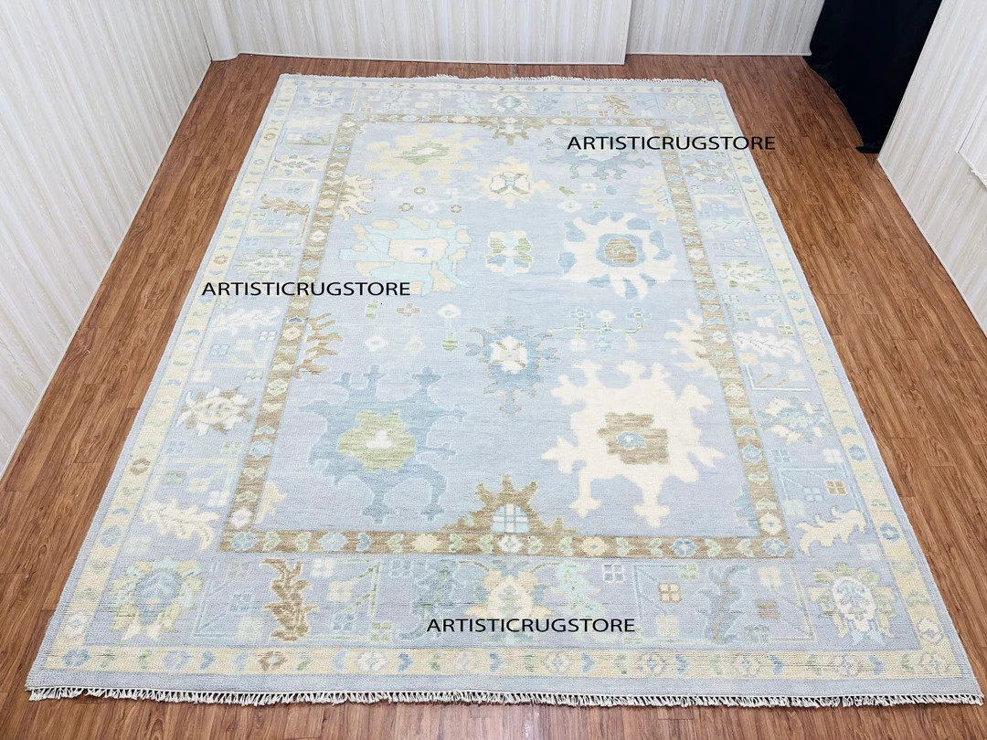 Muted Pastel Gray Oushak Rug – 100% Hand-knotted Wool, Modern Coastal Large Area Carpet 8x10 9x... | Etsy (US)