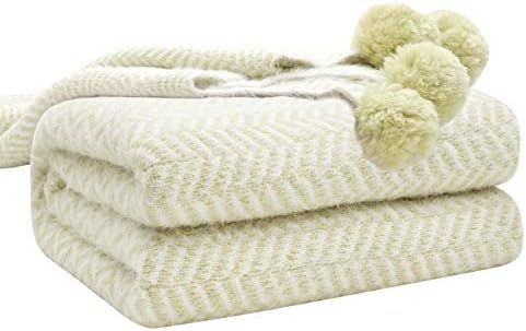 LULUSILK Soft Knit Throw Blanket with Pom Poms, Cozy Fluffy and Decorative Cable Knitted Blanket ... | Amazon (US)