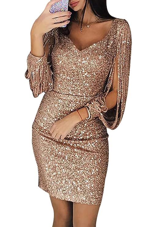 Coolder Women's Glitter Fringe Long Sleeve Dress V Neck Sequined Sexy Night Club Dress Plus Size ... | Amazon (US)