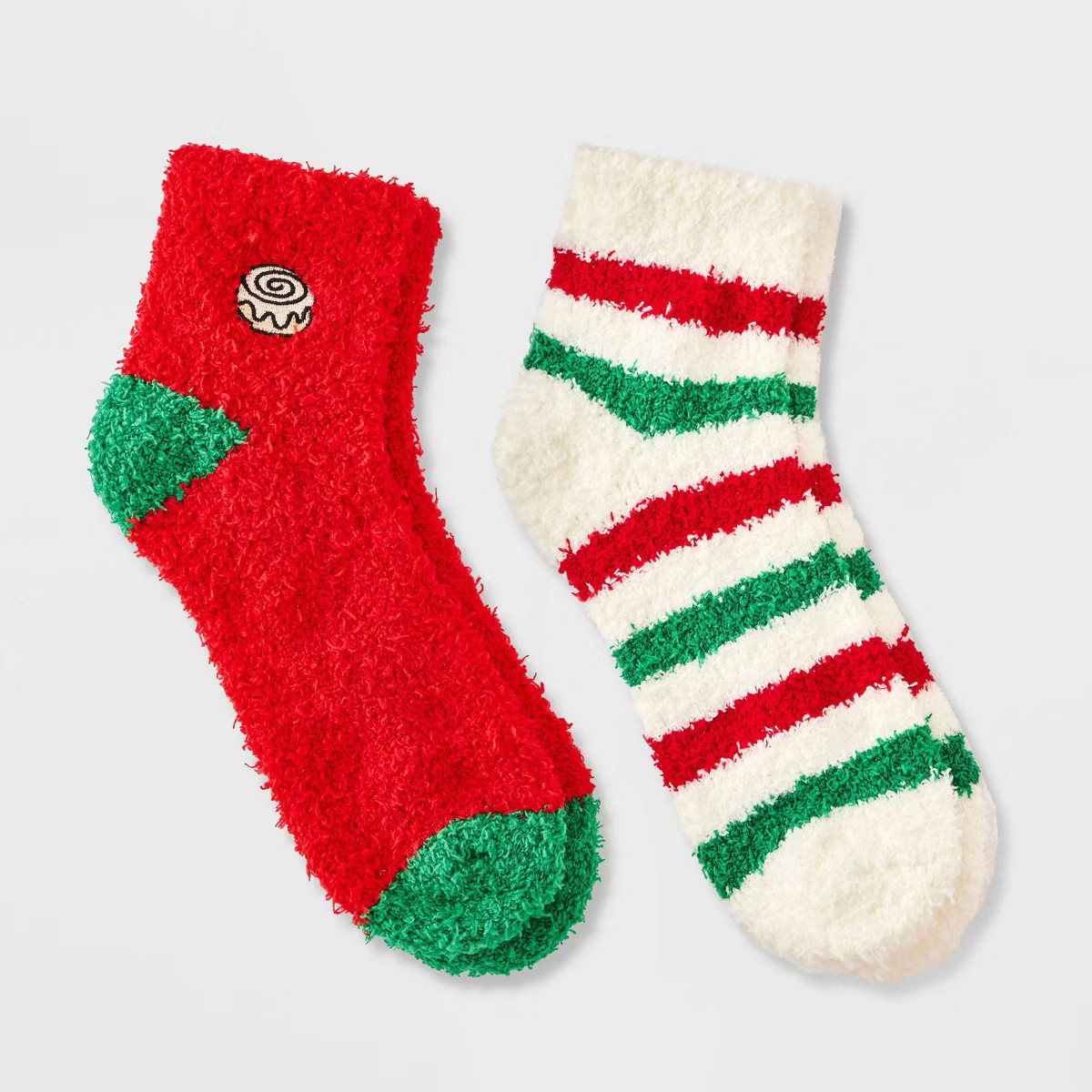Women's Embroidered Cinnamon Roll Christmas 2pk Cozy Ankle Socks - Red/Ivory/Green 4-10 | Target