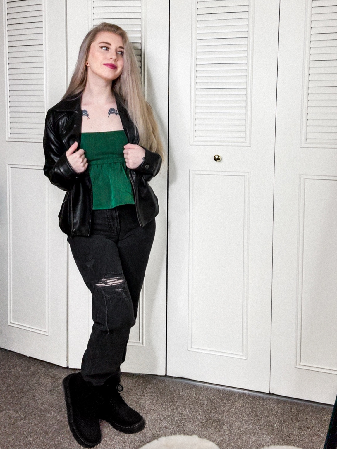 leather weather 🌿🖤 my top is on clearance rn for $10!!
#leatherjacket #grunge #alternative #winteroutfit #drmartens #leatheroutfit #layers 

#LTKShoeCrush #LTKSaleAlert #LTKFindsUnder100