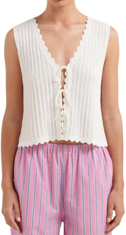 Women Y2k Crochet Vest Top Tie Front Sleeveless Knit Vest Open Front Sweater Vest Vintage Casual ... | Amazon (US)