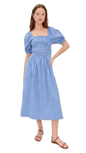Madewell Women's Smocked Puff Sleeve Midi Dress, Waterfall, Blue, Stripe, M | Amazon (US)
