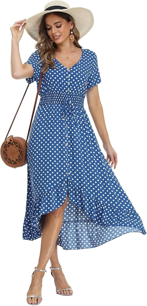 Women's Polka Dots Short Sleeve V Neck Dresses Vintage Boho Maxi Summer Dress with Stretchy Waist | Amazon (US)