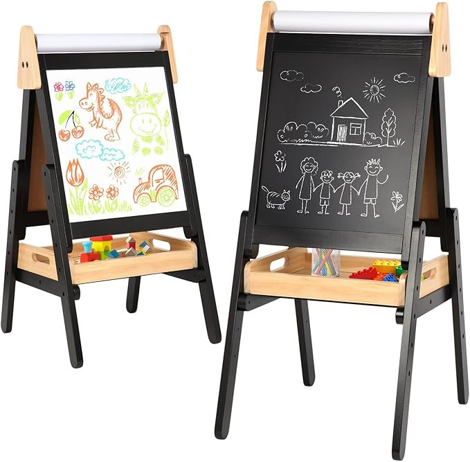 3 in 1 Easel for Little Kids with Wood Tray, Double Sided Wooden Easel with Paper Roll, Magnetic ... | Amazon (US)