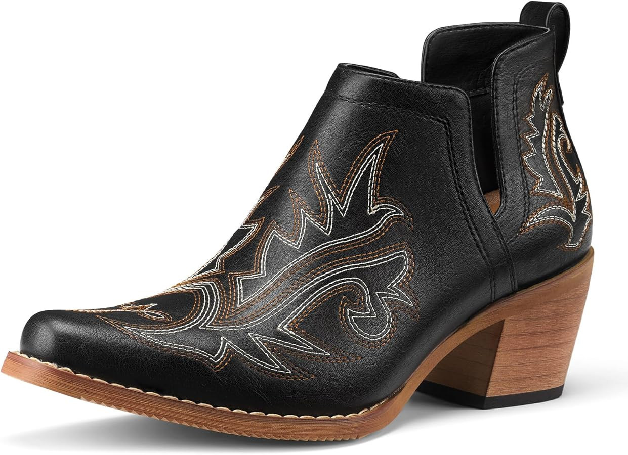 Rollda Cowboy Ankle Booties for Women, Cowgirl Short Boots with Chunky Stack Heels, V Cutout Ladi... | Amazon (US)