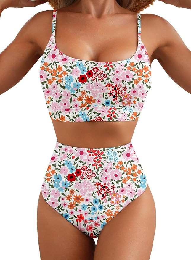 Herseas 2 Piece High Waisted Bikini Set for Women 2026 Spaghetti Straps Swim Top with Reversible ... | Amazon (US)