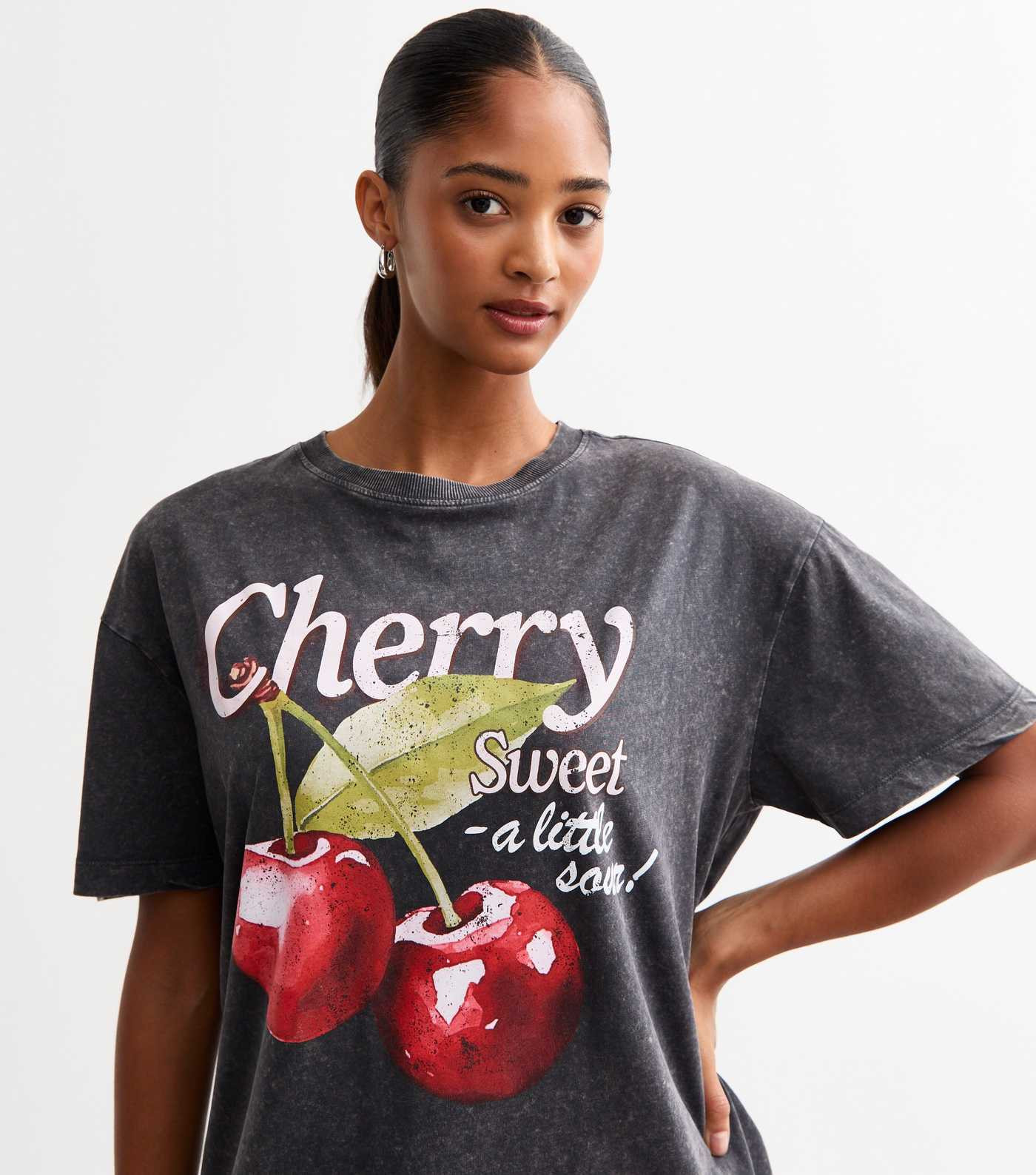 Dark Grey Cotton Sour Cherry Print Oversized T-Shirt | New Look | New Look (UK)