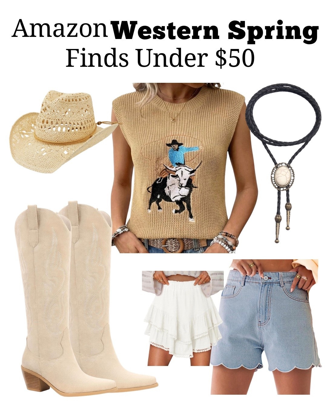 Amazon western spring finds under $50 🤠

Straw cowboy hats, vintage curated rodeo knit vests, bolo ties, scalloped denim shorts, and classic tan cowboy boots. Add a rose gold concho belt for the finishing touch.

Affordable western pieces that are perfect for spring rodeos and country concerts or even perhaps a girls trip to Nashville down on Broadway! 

#LTKTravel #LTKFestival #LTKSeasonal