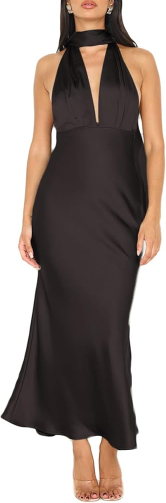 Summer Satin Halter Deep V Neck Backless Maxi Dresses for Women 2024 Silky Sleeveless Open Back W... | Amazon (US)