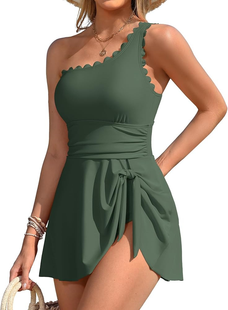 Charmo One Shoulder One Piece Swimsuit Women Tummy Control Bathing Suit with Skirt Tie Knot Cute ... | Amazon (US)