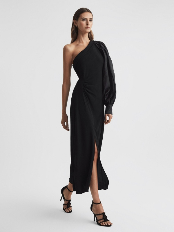 One-Shoulder Blouson Sleeve Midi Dress in Black | Reiss UK